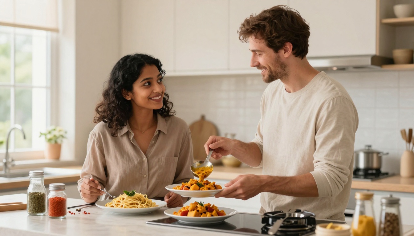 A woman and a man are in a kitchen. The woman is holding a fork by a plate of spaghetti, smiling at the man. The man is serving pasta with vegetables onto plates. Various jars are on the counter, and the kitchen is bright and modern.