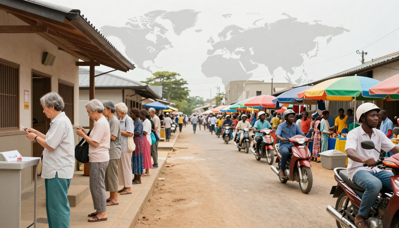 People stand in line outside a building, some holding papers. Nearby, a street market with colorful umbrellas and vendors is visible. Motorcyclists pass by, wearing helmets. A world map is faintly visible in the sky.