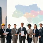 A group of seven professionally dressed people stand in front of a large map of Ukraine. One person wears a yellow hard hat. Behind them, a city skyline with tall buildings and a historic building with columns is visible.
