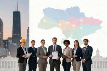 A group of seven professionally dressed people stand in front of a large map of Ukraine. One person wears a yellow hard hat. Behind them, a city skyline with tall buildings and a historic building with columns is visible.