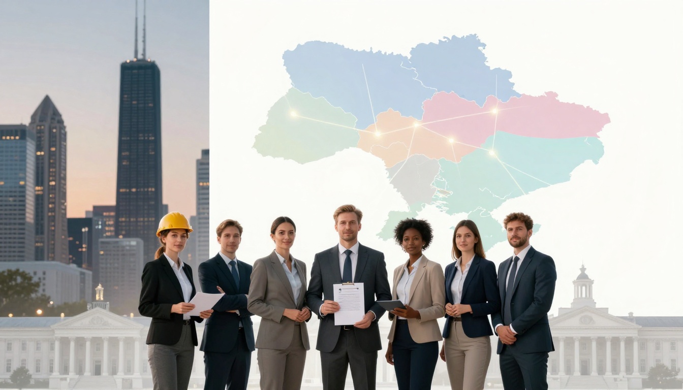 A group of seven professionally dressed people stand in front of a large map of Ukraine. One person wears a yellow hard hat. Behind them, a city skyline with tall buildings and a historic building with columns is visible.