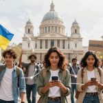 A group of people walking in front of a historic building. One holds a Ukrainian flag, others carry banners with text. Some are using smartphones.