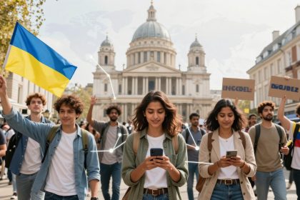 A group of people walking in front of a historic building. One holds a Ukrainian flag, others carry banners with text. Some are using smartphones.