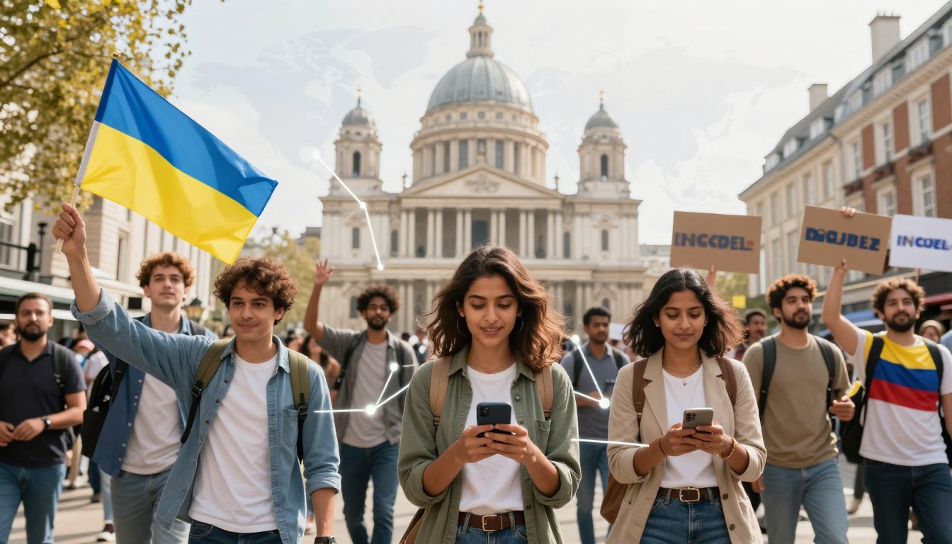 A group of people walking in front of a historic building. One holds a Ukrainian flag, others carry banners with text. Some are using smartphones.