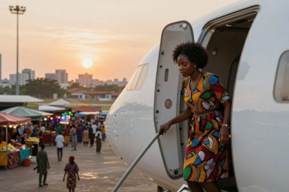 A woman in a colorful patterned dress descends the stairs of an airplane. In the background, a market with stalls and people is visible at sunset.