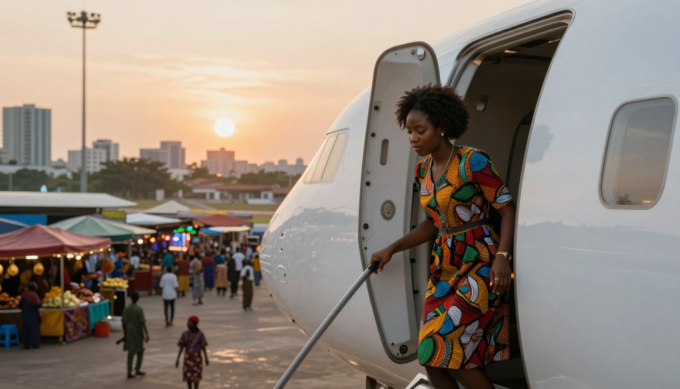 A woman in a colorful patterned dress descends the stairs of an airplane. In the background, a market with stalls and people is visible at sunset.