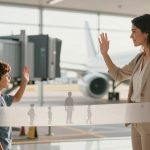 A woman in a beige suit and a boy with a blue backpack wave to each other at an airport terminal. An airplane is visible in the background.