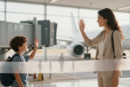 A woman in a beige suit and a boy with a blue backpack wave to each other at an airport terminal. An airplane is visible in the background.