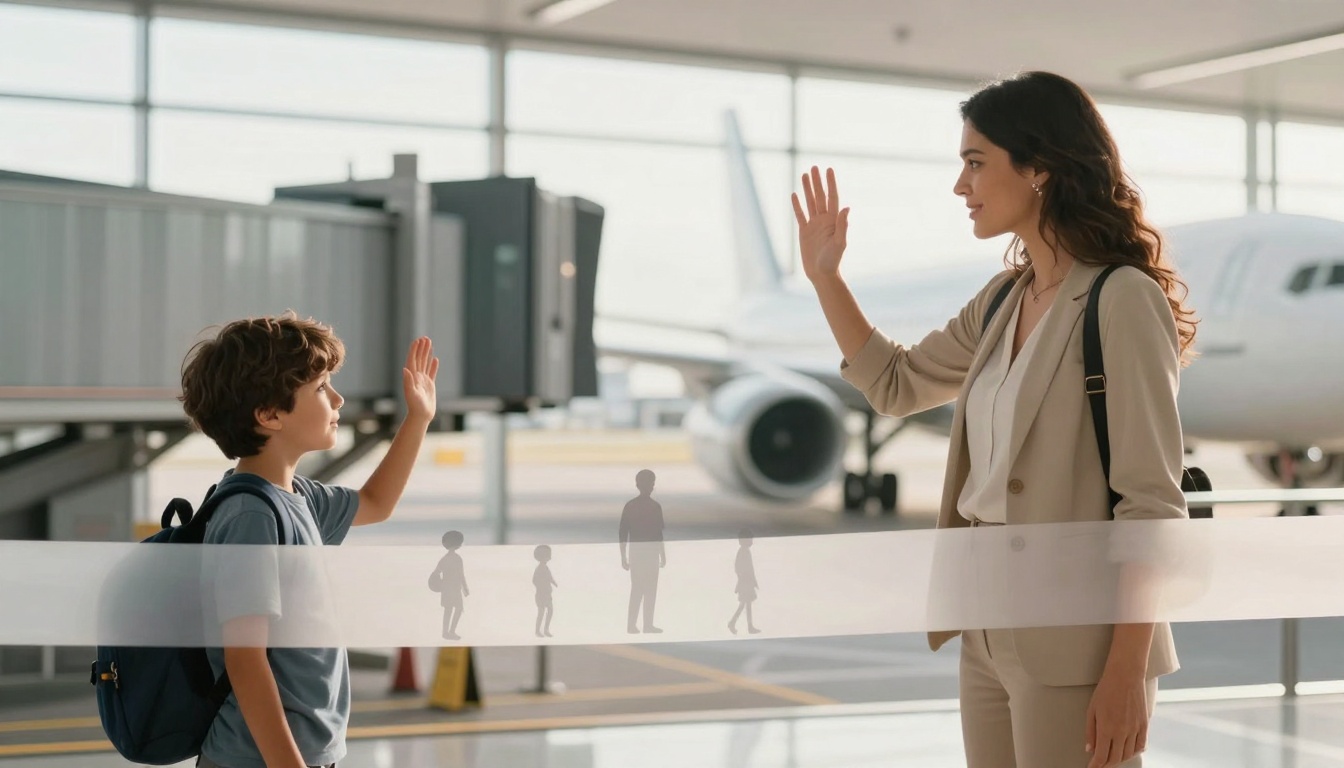 A woman in a beige suit and a boy with a blue backpack wave to each other at an airport terminal. An airplane is visible in the background.