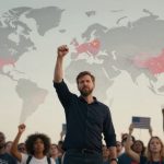 A man in a dark shirt stands with his fist raised, leading a diverse crowd holding flags and signs. A world map with highlighted countries is in the background.