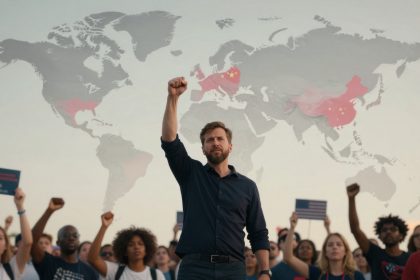 A man in a dark shirt stands with his fist raised, leading a diverse crowd holding flags and signs. A world map with highlighted countries is in the background.