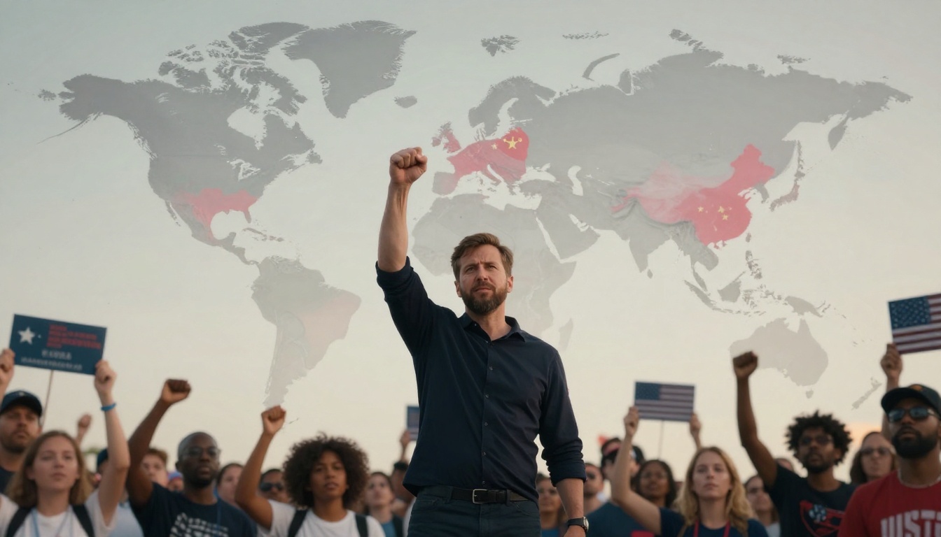 A man in a dark shirt stands with his fist raised, leading a diverse crowd holding flags and signs. A world map with highlighted countries is in the background.