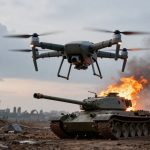 A drone hovers above a burning tank in a desolate, debris-strewn landscape. The sky is cloudy, and structures are visible in the background.