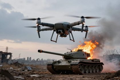 A drone hovers above a burning tank in a desolate, debris-strewn landscape. The sky is cloudy, and structures are visible in the background.