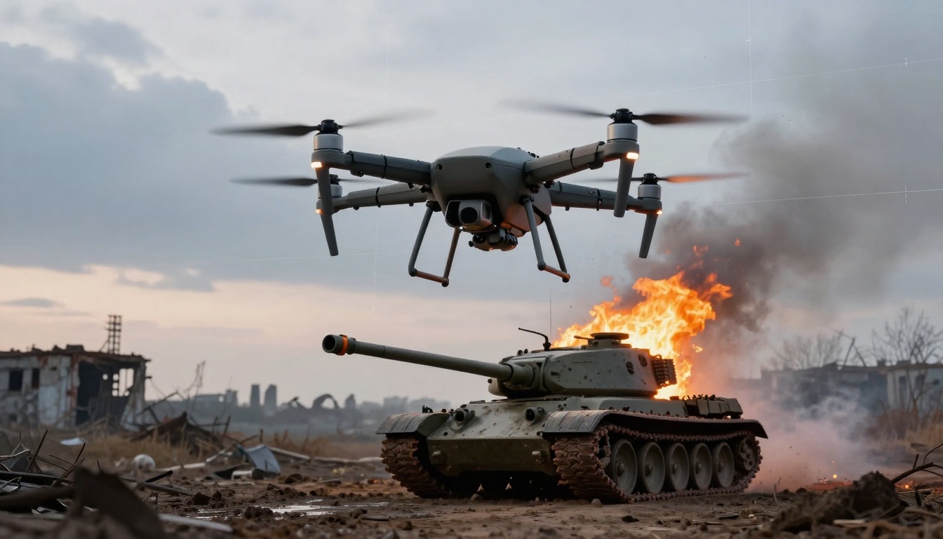 A drone hovers above a burning tank in a desolate, debris-strewn landscape. The sky is cloudy, and structures are visible in the background.