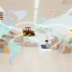 A world map overlay in a supermarket aisle features icons: a person shopping, a red tractor, a person on a laptop, and a person cooking. Lines connect these elements.