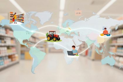 A world map overlay in a supermarket aisle features icons: a person shopping, a red tractor, a person on a laptop, and a person cooking. Lines connect these elements.