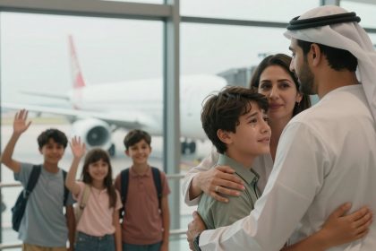 A family at an airport, with a man in traditional attire hugging a crying boy. A woman stands beside them, and three children wave in the background. An airplane is visible through the large windows.
