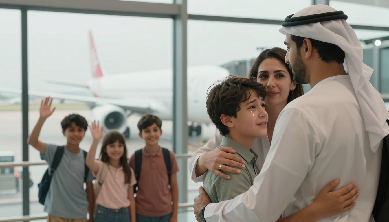 A family at an airport, with a man in traditional attire hugging a crying boy. A woman stands beside them, and three children wave in the background. An airplane is visible through the large windows.
