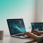 A person works on a laptop displaying data visualizations with graphs and charts. A digital flow connects to a nearby tablet also showing analytics. A white mug is on the table, and the background is a gradient of teal and white.