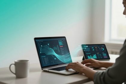 A person works on a laptop displaying data visualizations with graphs and charts. A digital flow connects to a nearby tablet also showing analytics. A white mug is on the table, and the background is a gradient of teal and white.