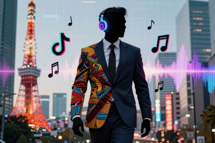 A silhouette of a person in a suit with one side featuring colorful patterns, wearing headphones. Music notes and a soundwave surround them. The Tokyo Tower and cityscape are in the background.