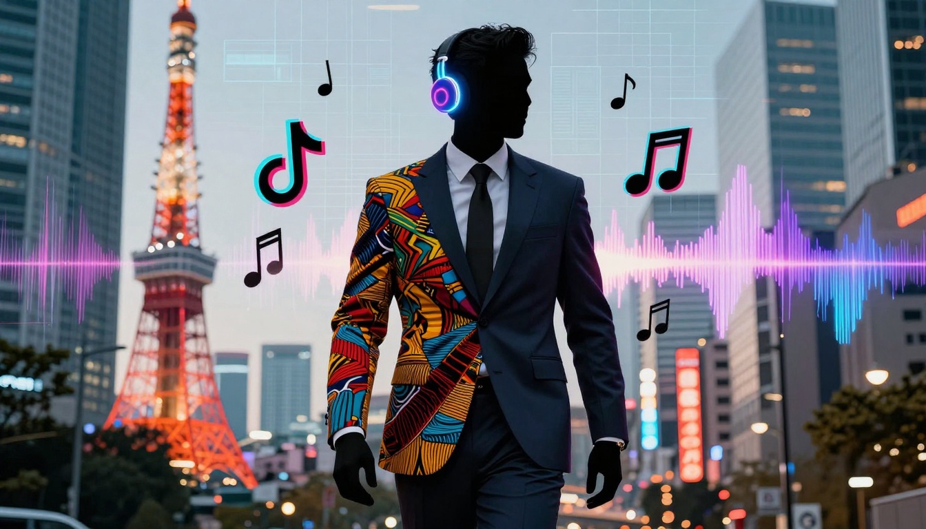 A silhouette of a person in a suit with one side featuring colorful patterns, wearing headphones. Music notes and a soundwave surround them. The Tokyo Tower and cityscape are in the background.