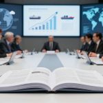 A large open book on a table in the foreground, with a business meeting in the background. Eight people in suits are seated, using laptops. Two large screens display graphs and world maps.