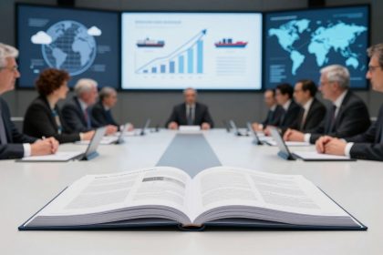 A large open book on a table in the foreground, with a business meeting in the background. Eight people in suits are seated, using laptops. Two large screens display graphs and world maps.
