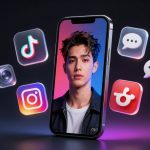 A smartphone displaying a young man's image with a gradient background. Surrounding the phone are floating social media icons, including TikTok, Instagram, and messaging apps, set against a dark backdrop.