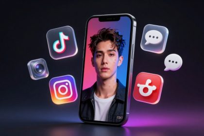 A smartphone displaying a young man's image with a gradient background. Surrounding the phone are floating social media icons, including TikTok, Instagram, and messaging apps, set against a dark backdrop.