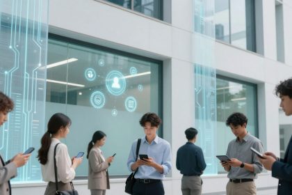 People stand outside a modern building, looking at their phones. A digital interface with icons is projected on the glass window.