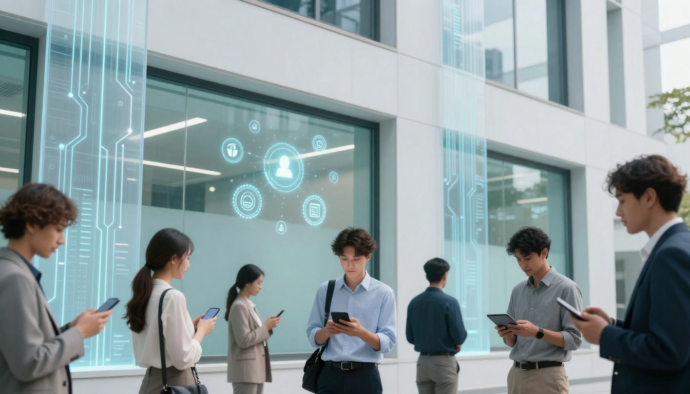 People stand outside a modern building, looking at their phones. A digital interface with icons is projected on the glass window.