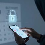 A person in a dark hoodie uses a smartphone with social media icons. A holographic lock icon appears above, with a blurred calendar in the background.