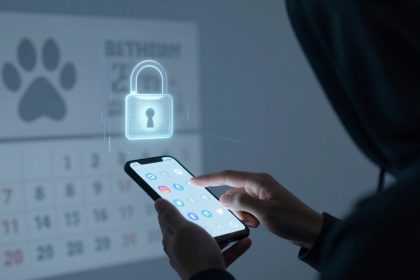 A person in a dark hoodie uses a smartphone with social media icons. A holographic lock icon appears above, with a blurred calendar in the background.