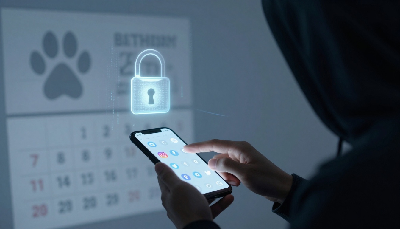 A person in a dark hoodie uses a smartphone with social media icons. A holographic lock icon appears above, with a blurred calendar in the background.