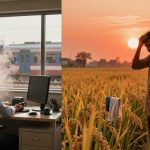 Left side: A man in a white shirt works at a computer in an office, with a train visible through the window. Right side: A man stands in a field of crops at sunset, wiping sweat from his forehead.
