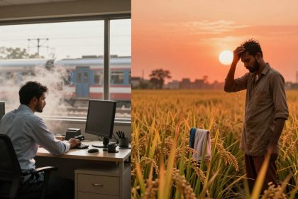 Left side: A man in a white shirt works at a computer in an office, with a train visible through the window. Right side: A man stands in a field of crops at sunset, wiping sweat from his forehead.