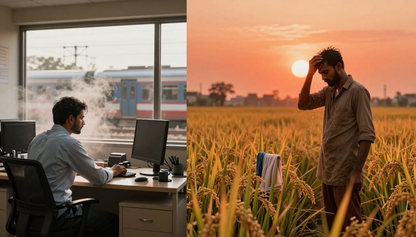 Left side: A man in a white shirt works at a computer in an office, with a train visible through the window. Right side: A man stands in a field of crops at sunset, wiping sweat from his forehead.