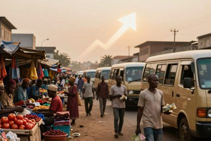 A busy street market with vendors selling produce like tomatoes and textiles. People walk between parked vans. A white upward arrow is superimposed in the sky.