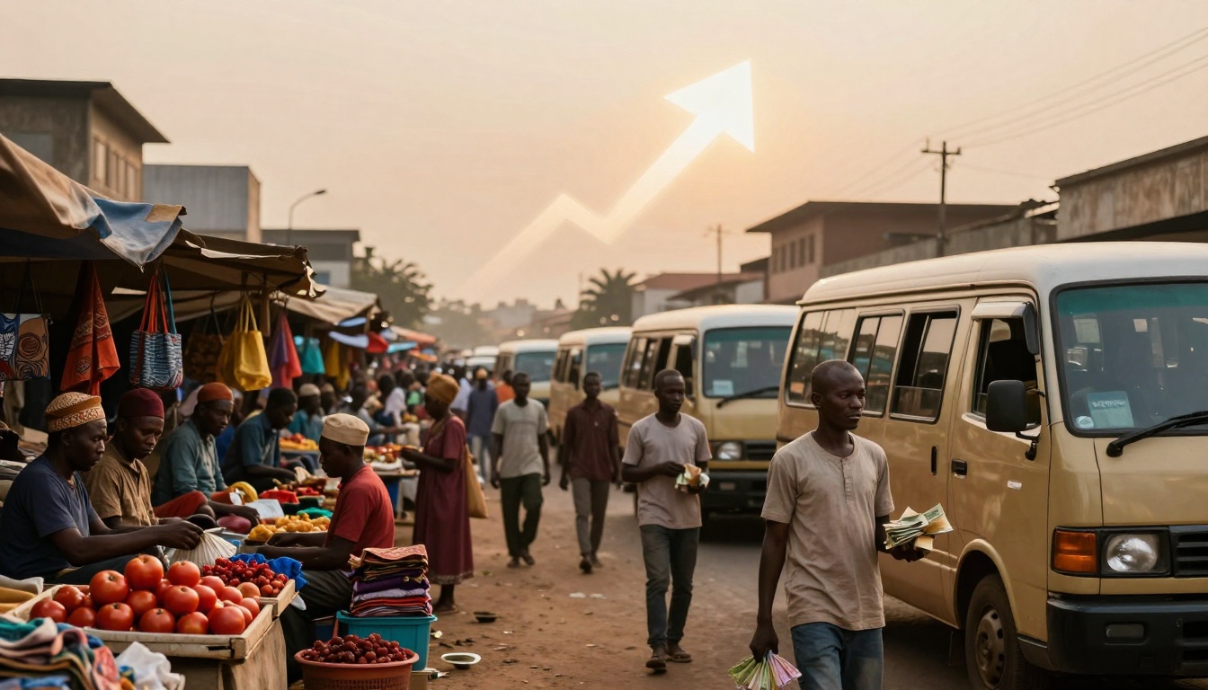 A busy street market with vendors selling produce like tomatoes and textiles. People walk between parked vans. A white upward arrow is superimposed in the sky.