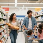 A family of four shopping in a grocery store aisle. The woman holds baguettes, the man pushes a cart with a young boy. A girl reaches for items on the shelf. Shelves are stocked with various bottled products.