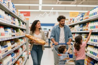 A family of four shopping in a grocery store aisle. The woman holds baguettes, the man pushes a cart with a young boy. A girl reaches for items on the shelf. Shelves are stocked with various bottled products.