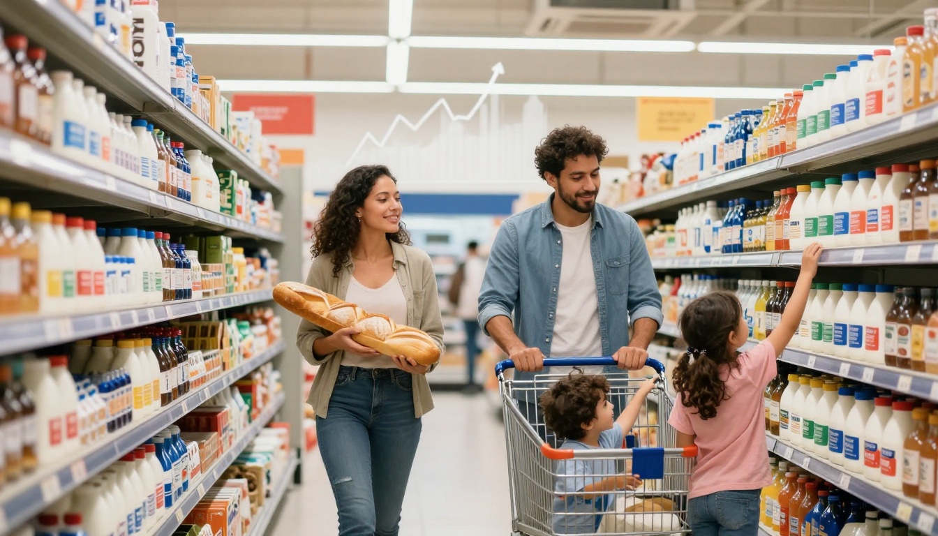 A family of four shopping in a grocery store aisle. The woman holds baguettes, the man pushes a cart with a young boy. A girl reaches for items on the shelf. Shelves are stocked with various bottled products.