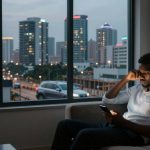 A man sits on a couch in a dimly lit room, looking at a smartphone. A large window shows a cityscape with lit skyscrapers and cars.