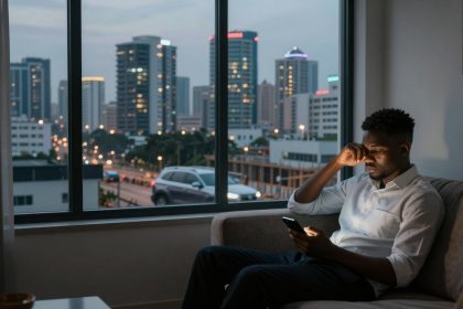 A man sits on a couch in a dimly lit room, looking at a smartphone. A large window shows a cityscape with lit skyscrapers and cars.