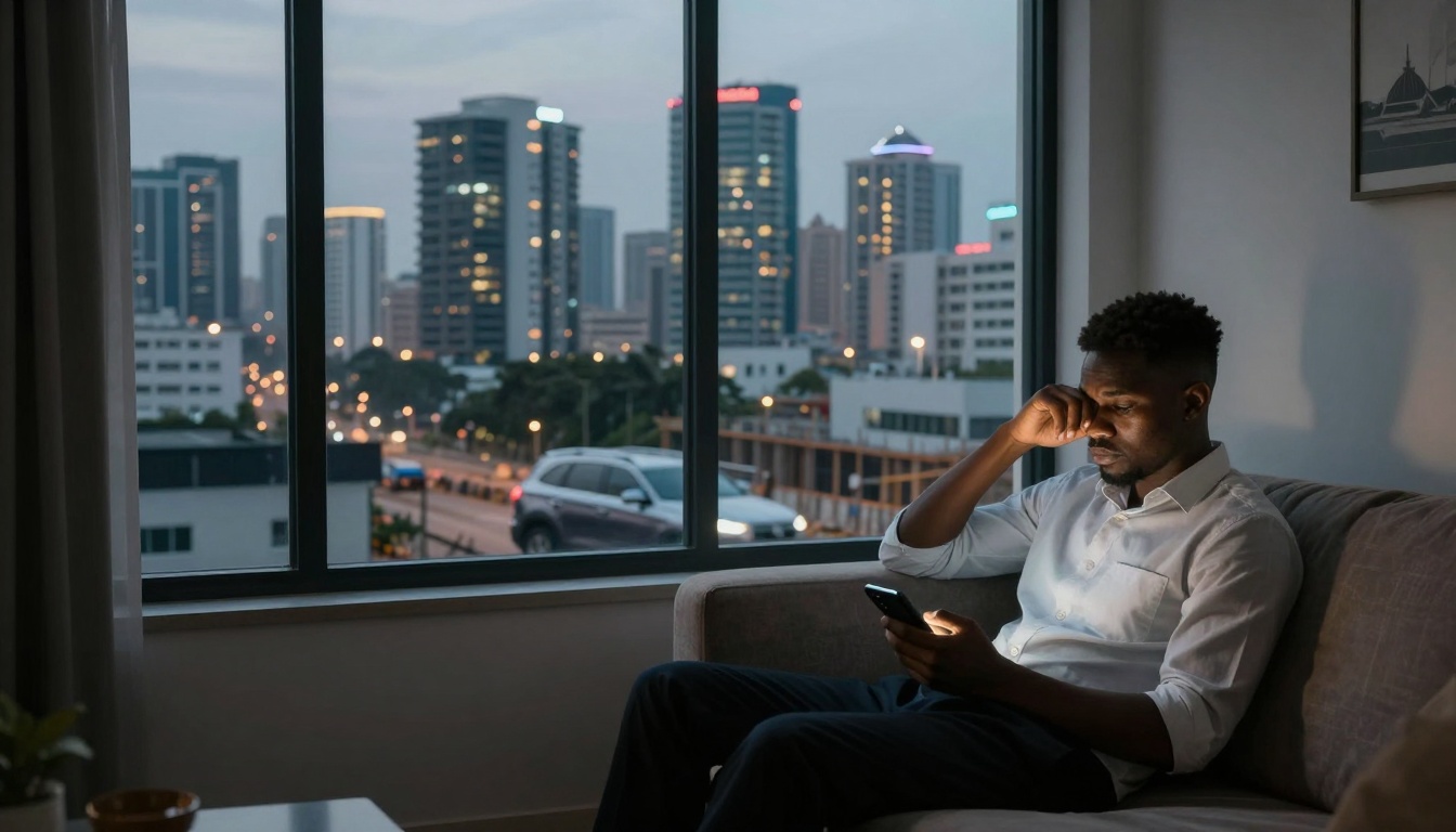 A man sits on a couch in a dimly lit room, looking at a smartphone. A large window shows a cityscape with lit skyscrapers and cars.