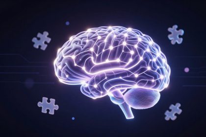 A glowing, digital illustration of a brain with connected nodes, surrounded by puzzle pieces on a dark background.