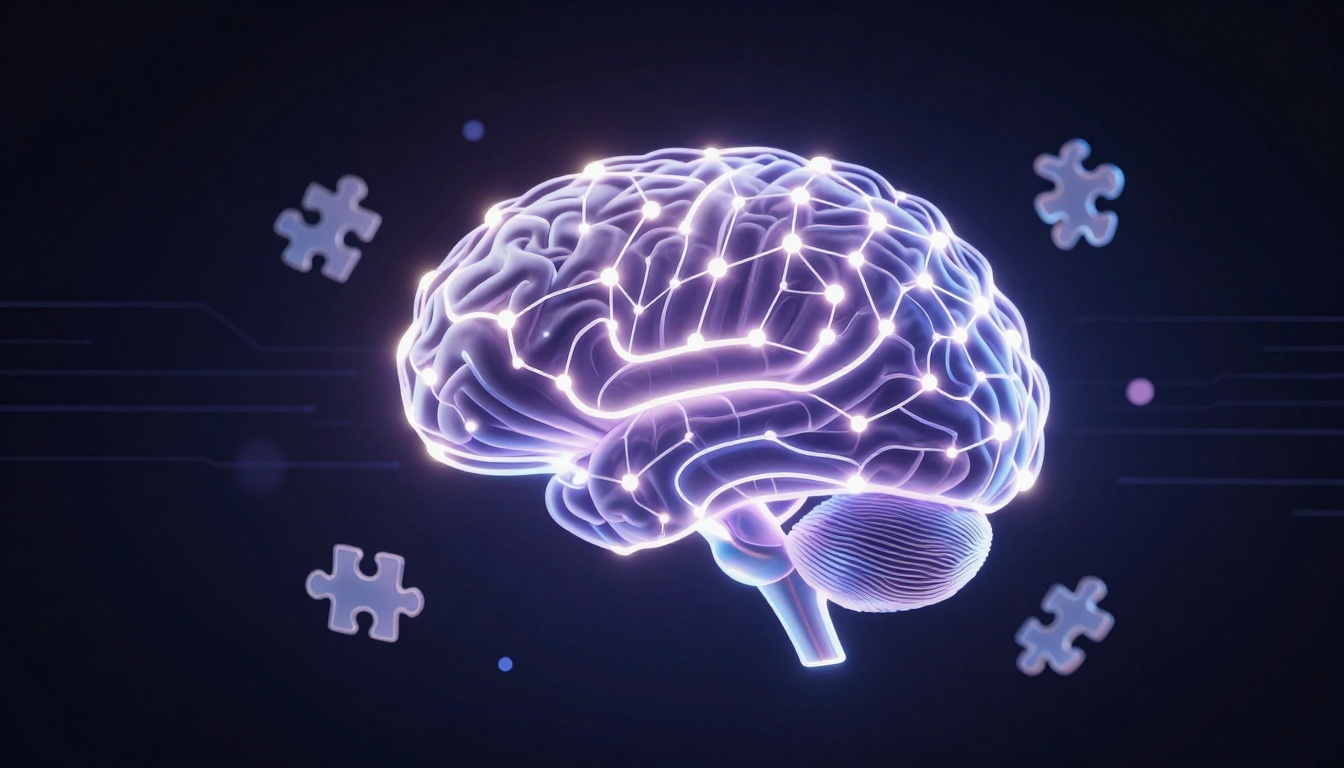 A glowing, digital illustration of a brain with connected nodes, surrounded by puzzle pieces on a dark background.