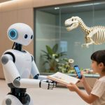 A robot hands a book to a smiling child holding a smartphone in a library. A dinosaur skeleton is displayed in the background.